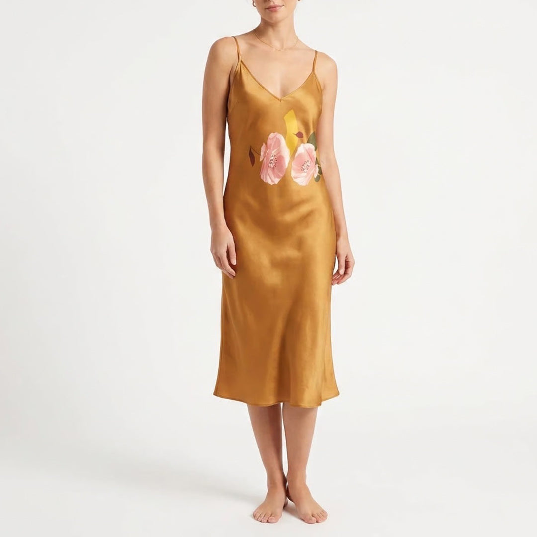 SHEIN Mustard Gold Floral Satin Slip Dress XL V-Neck Spaghetti Strap Midi