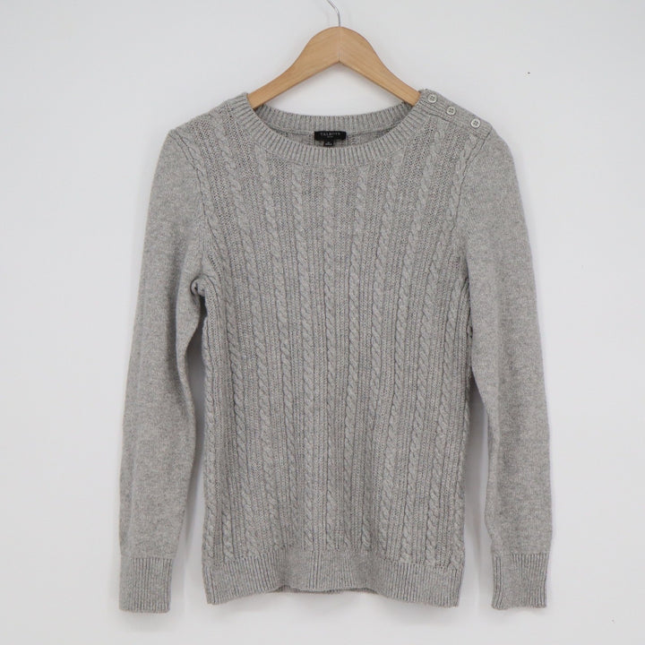 Talbots Petite Grey Cable Knit Metallic Shimmer Shoulder Button Sweater SP