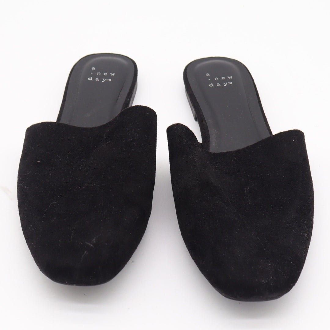 A New Day Womens Black Faux Suede Almond Toe Mules Flats Size 10 Slip On Shoes