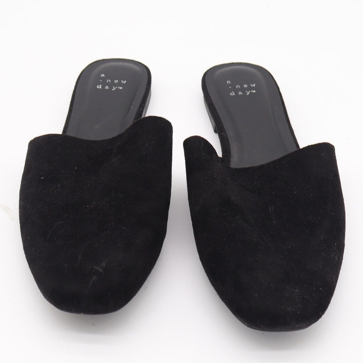 A New Day Womens Black Faux Suede Almond Toe Mules Flats Size 10 Slip On Shoes