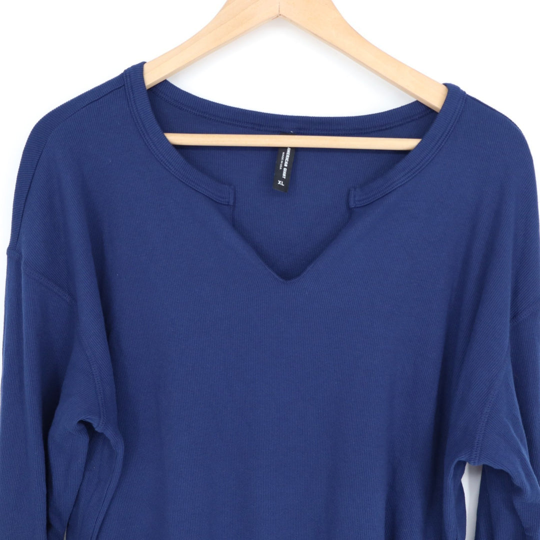 American Giant Luxe Rib Shirt Womens XL Blue Cotton Long Sleeve V-Notch Pullover