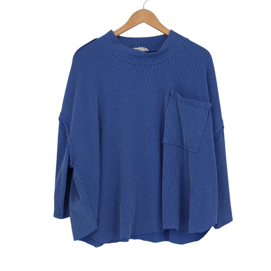 Nellie Mae Blouse Top Womens Small Blue Textured Ribbed Oversized Drop Shoulder