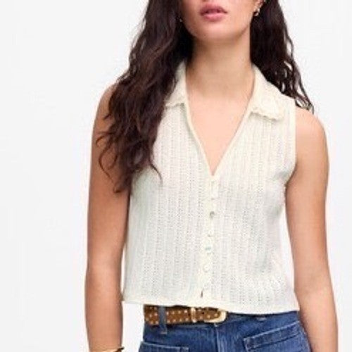 Madewell Cardigan Sweater Women XS Ivory Cotton Knitted Sleeveless Spread Collar