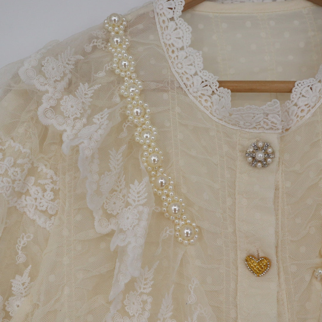Ying Zi Cream Lace Pearl Ruffle Blouse Swiss Dot Mesh Victorian Top XXL