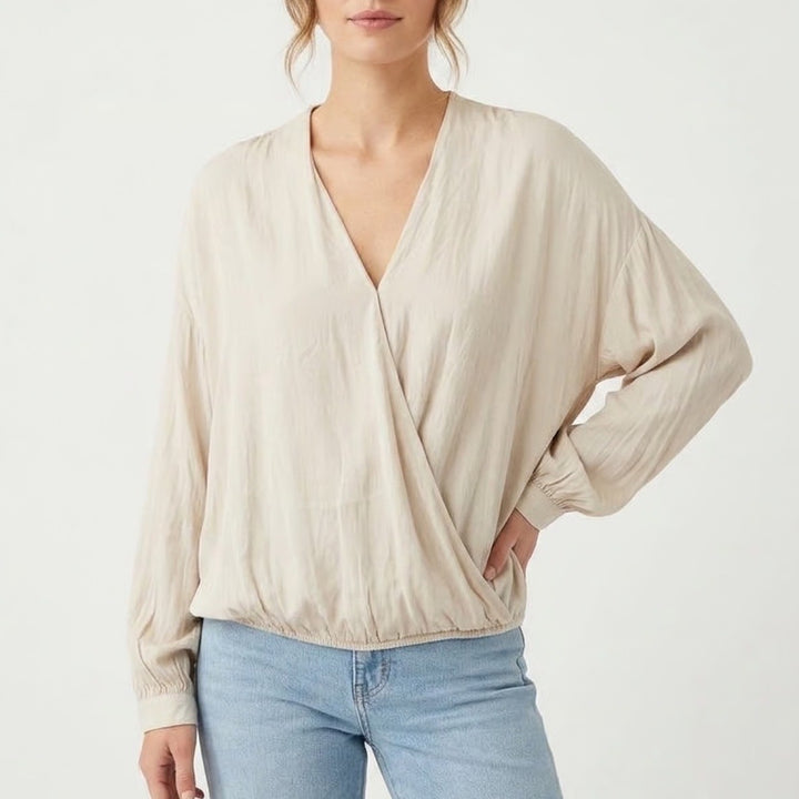 Old Navy Blouse Womens XL Beige Satin Pleated Long Sleeve Cross-Front V-Neck
