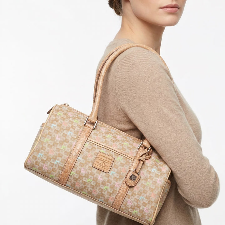 Liz Claiborne Satchel Women Large Monogram Checkerboard Tan Faux Croc Excellent