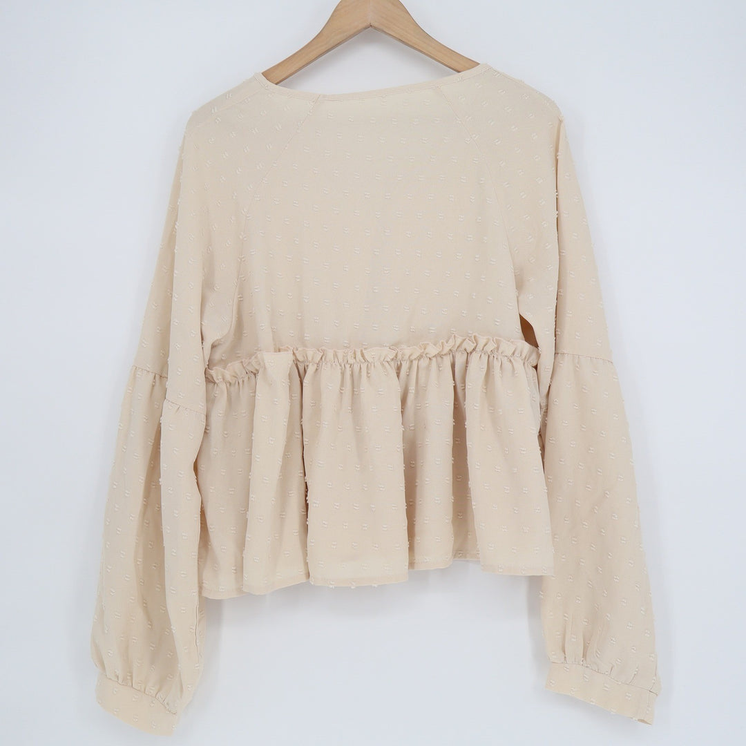Shein Cream Beige Swiss Dot Peplum Blouse V-Neck Long Sleeve Top Large