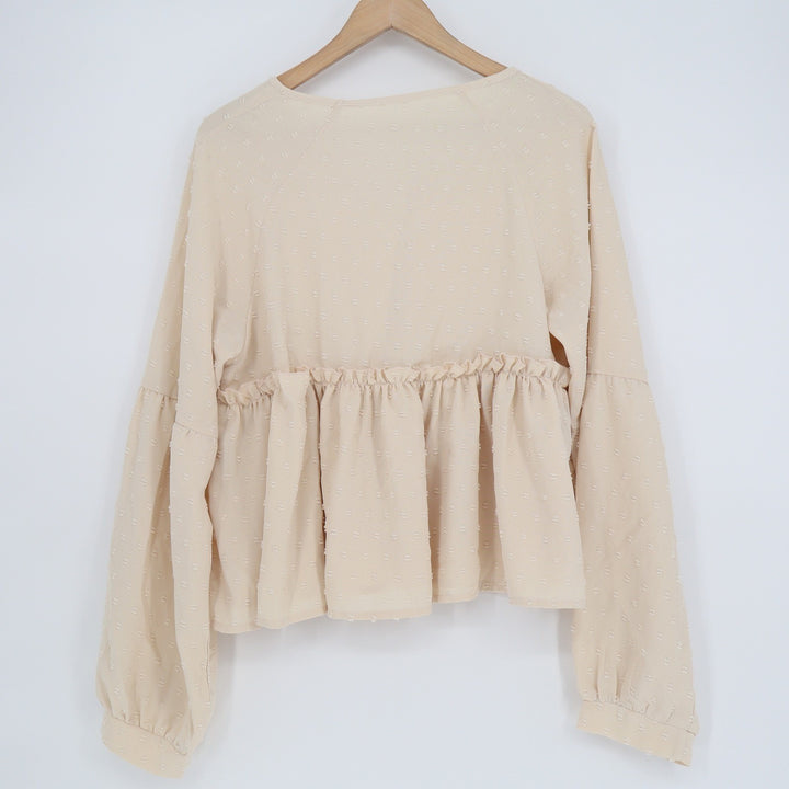 Shein Cream Beige Swiss Dot Peplum Blouse V-Neck Long Sleeve Top Large