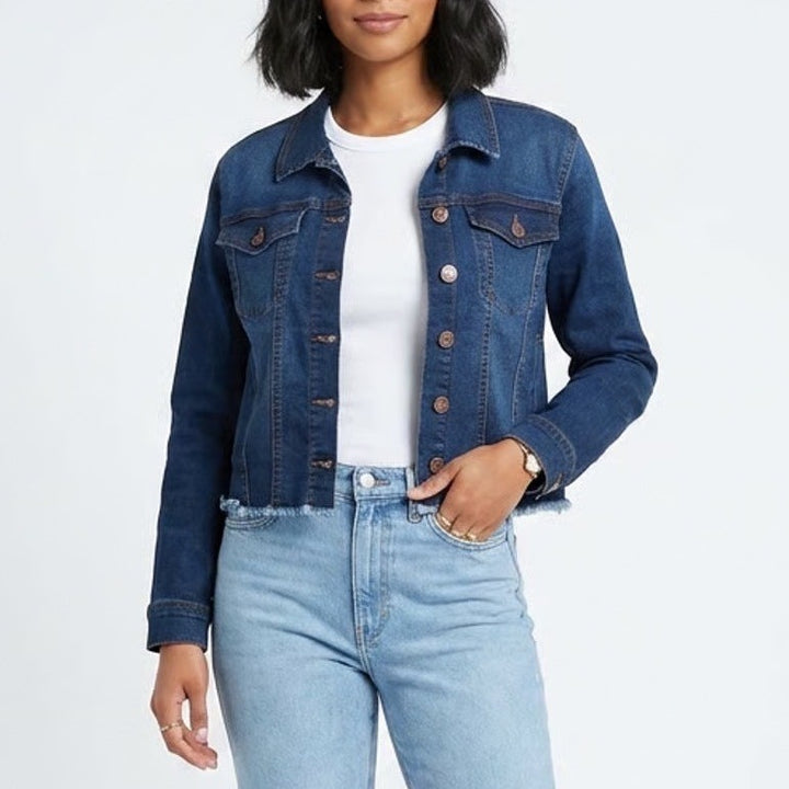 Angels Forever Young Womens Dark Wash Frayed Hem Denim Trucker Jacket Large Blue
