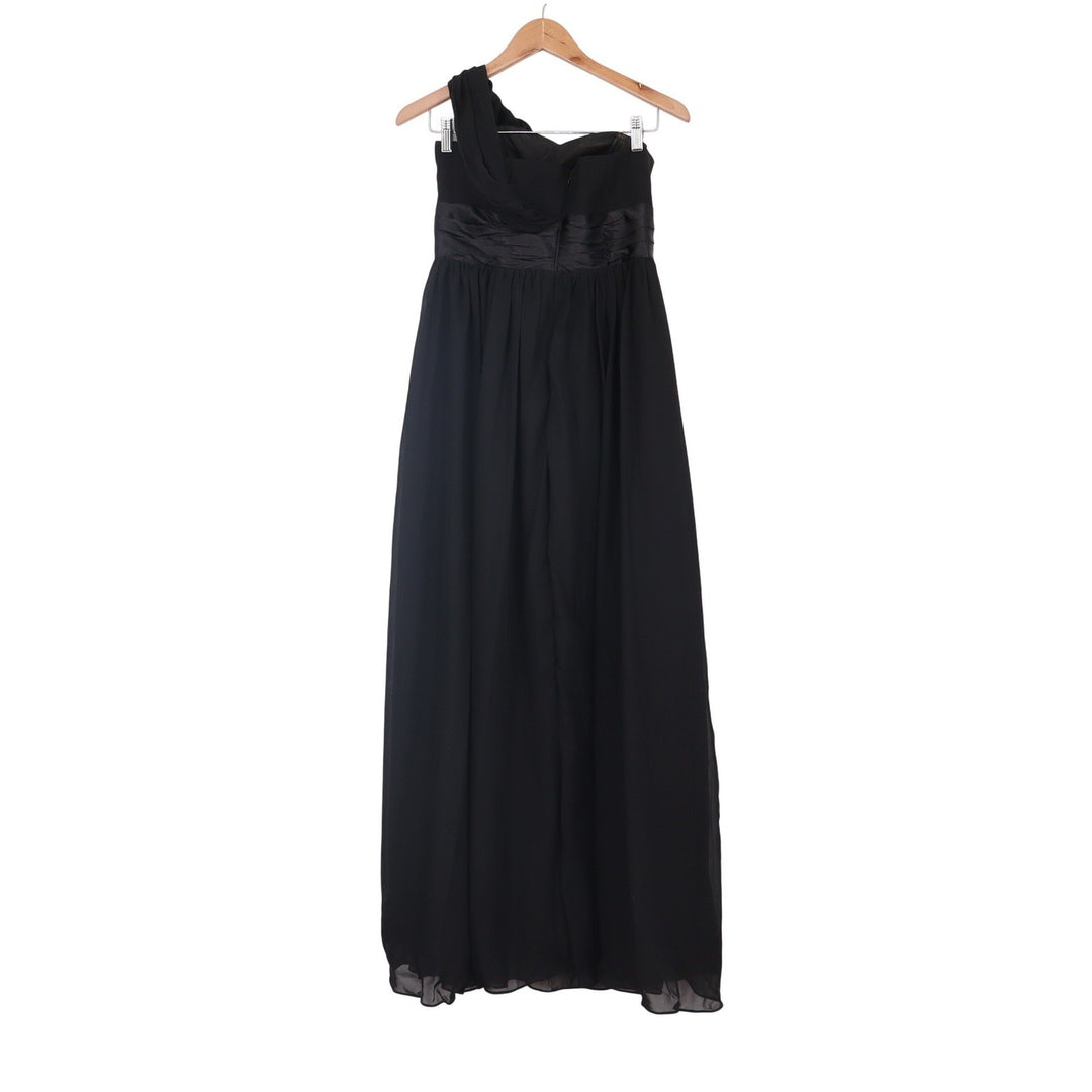 Black One Shoulder Chiffon Maxi Dress Rosette Detail Formal Gown Size M