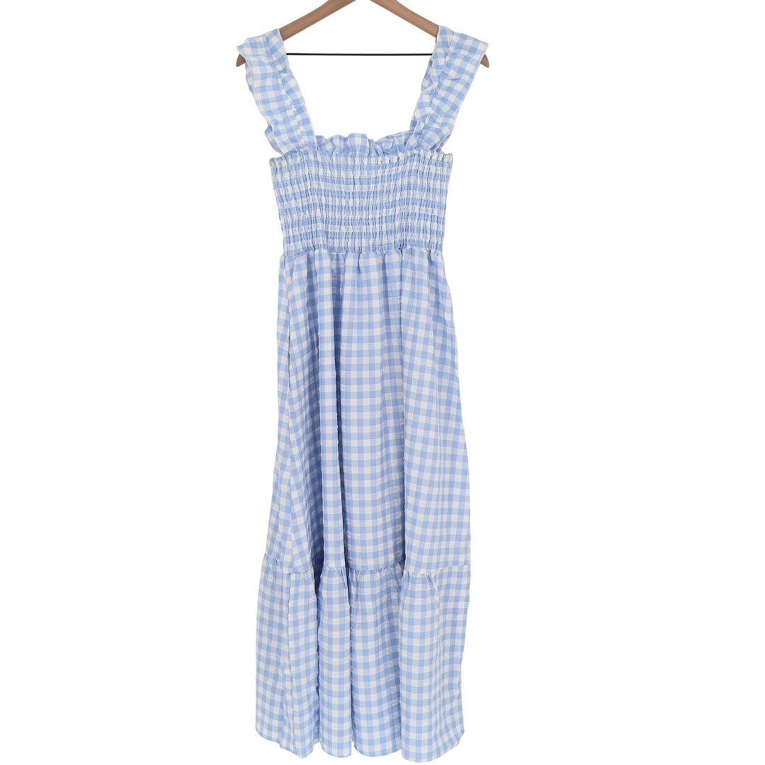 Blue White Gingham Smocked Midi Dress Ruffle Strap Tiered Sun Dress Medium
