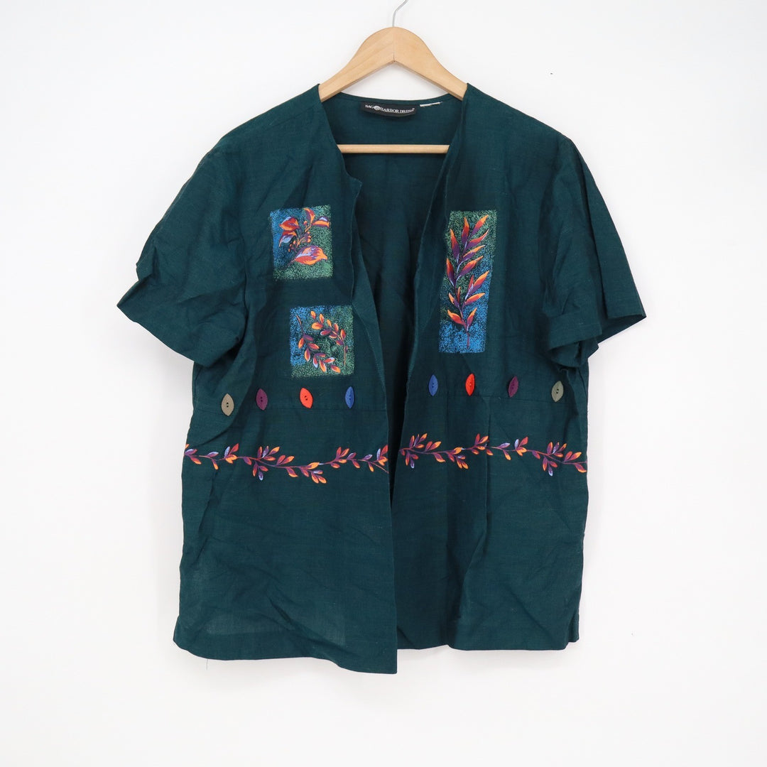 Sag Harbor Dress Forest Green Embroidered Open Front Short Sleeve Cardigan Top