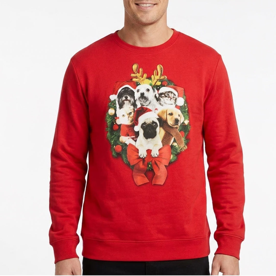 Fifth Sun Red Christmas Dogs and Cats Wreath Graphic Sweatshirt XL