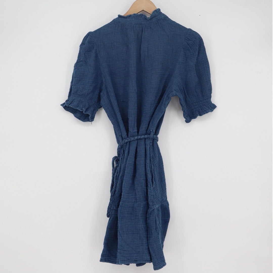 Gap Womens Blue Cotton Gauze Ruffle Mini Dress Braided Belt Short Puff Sleeve M