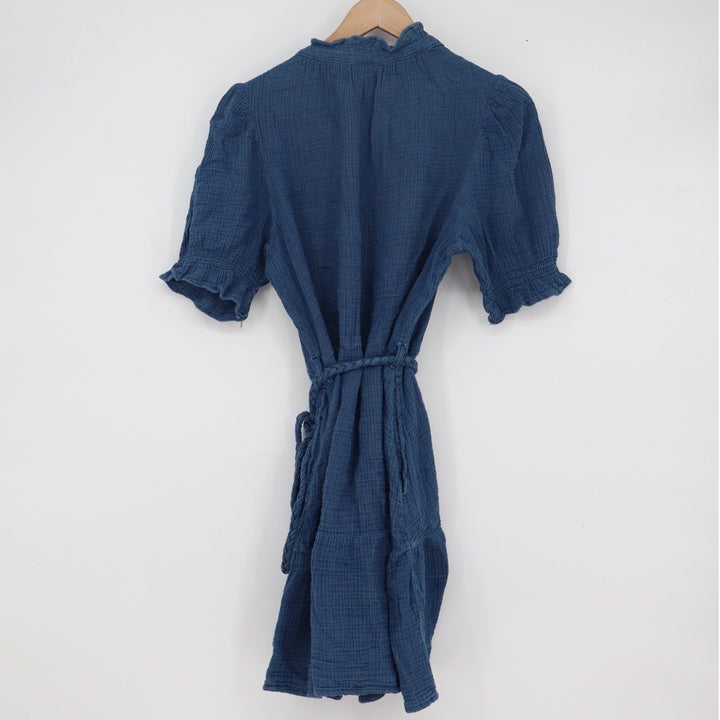Gap Womens Blue Cotton Gauze Ruffle Mini Dress Braided Belt Short Puff Sleeve M