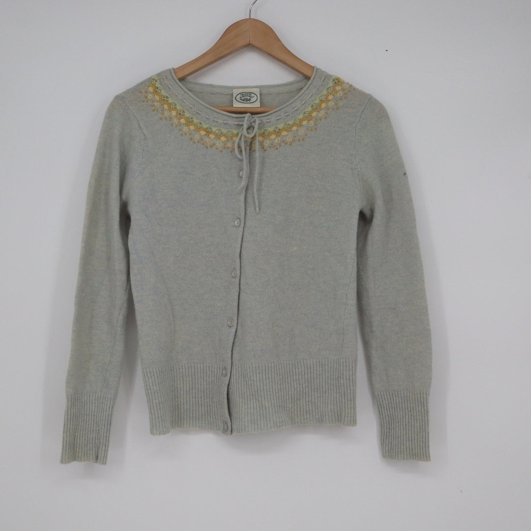 Laura Ashley Vintage Blue Lambswool Embroidered Cardigan Sweater Size M