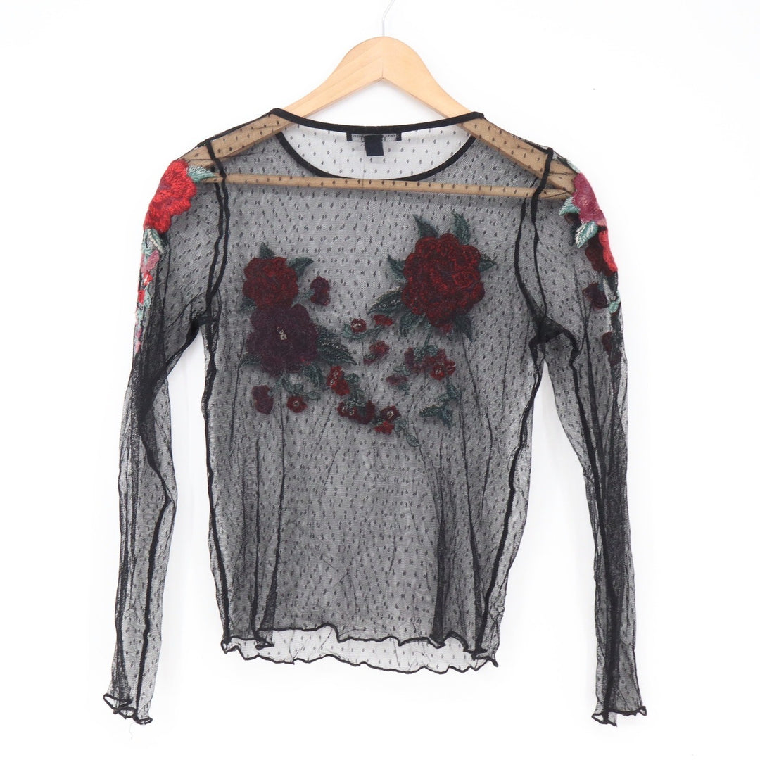 American Eagle Top Womens S Mesh Floral Embroidered Black Sheer Excellent