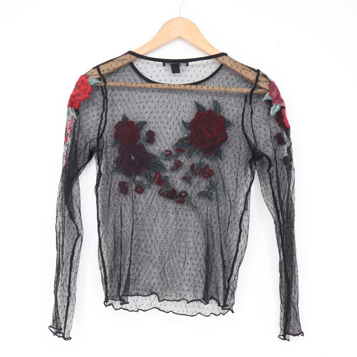 American Eagle Top Womens S Mesh Floral Embroidered Black Sheer Excellent