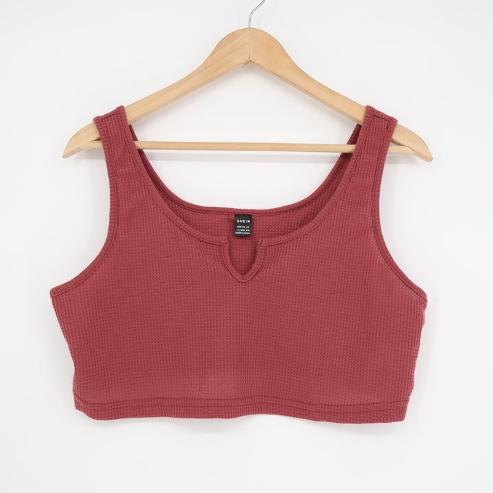 Shein Inawly Cropped Thermal Tank Top Womens L Burgundy Waffle Knit Notch Neck