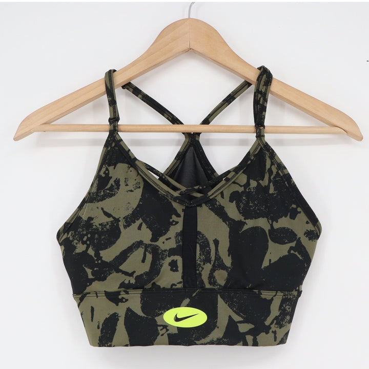 Nike Dri-FIT Indy Sports Bra Medium Olive Green Black Camo Neon Swoosh