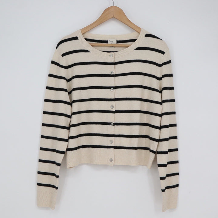A New Day Womens Striped Button Front Cardigan Sweater Cream Black Size M