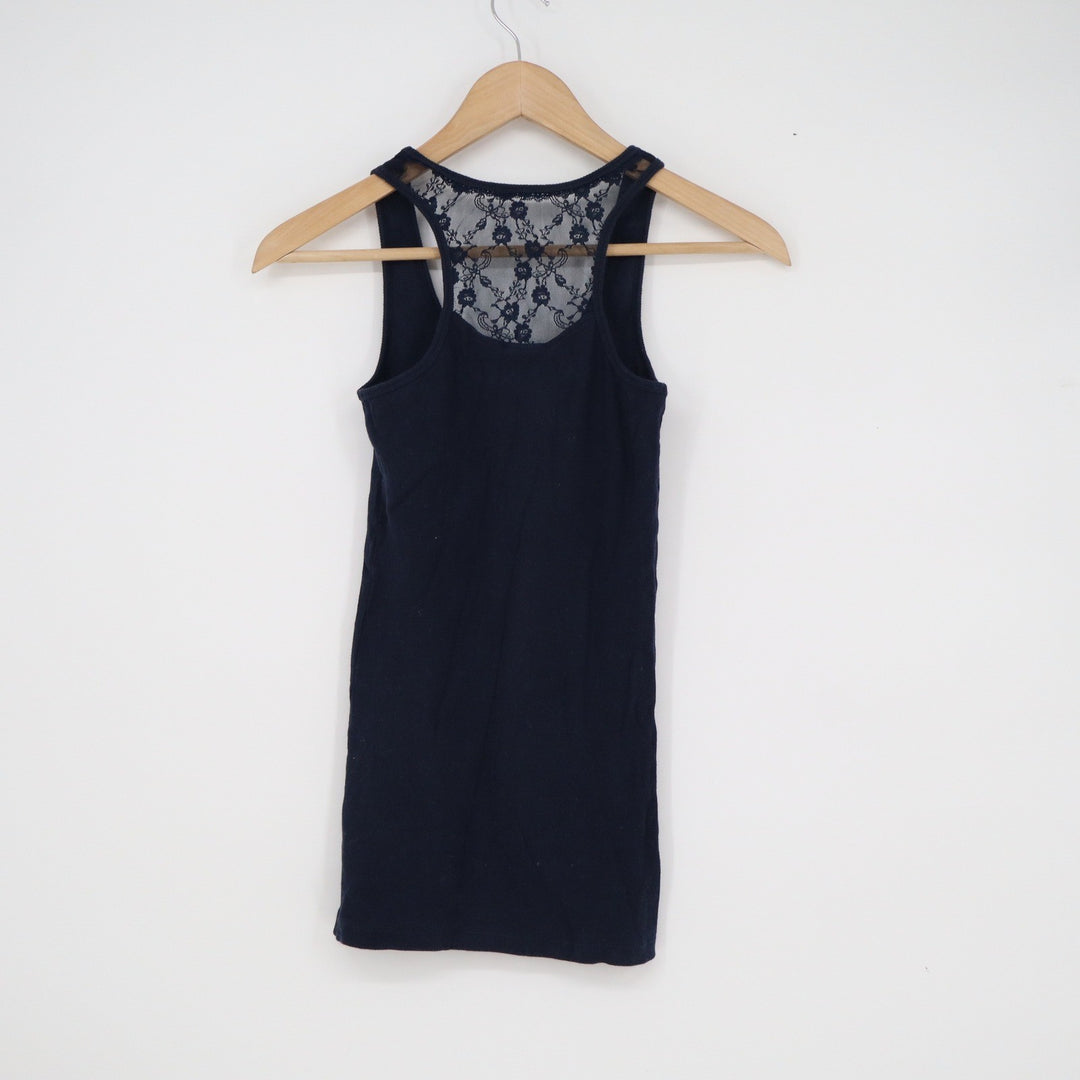 WHO.A.U Navy Blue Lace Racerback Tank Top Ribbed Cotton Blend Small
