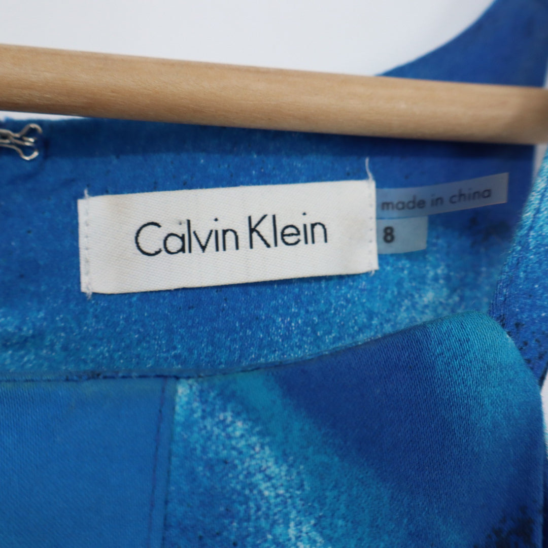 Calvin Klein Dress Womens 8 Halter Sheath Blue White Abstract Floral Excellent