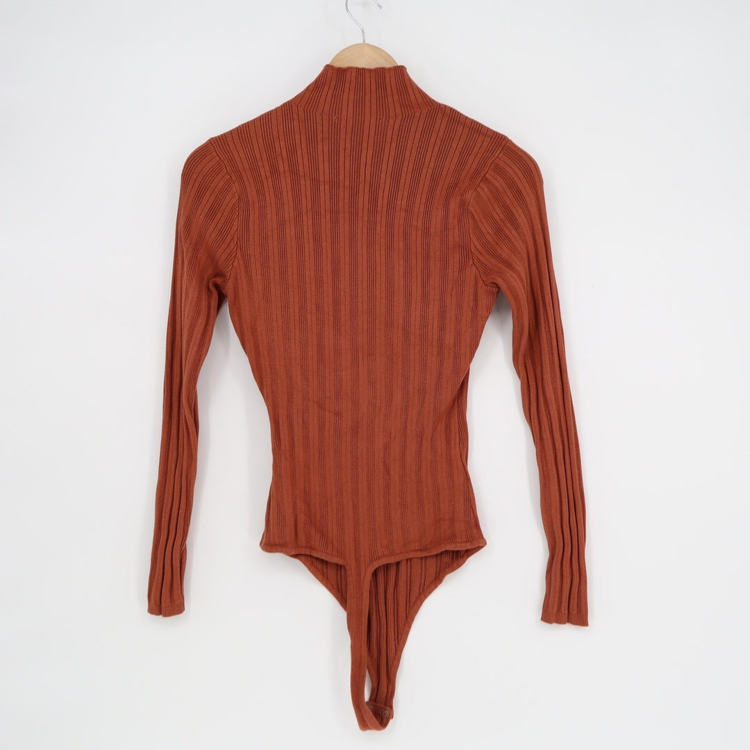 Abercrombie & Fitch Womens Ribbed Mock Neck Long Sleeve Bodysuit Rust Orange L