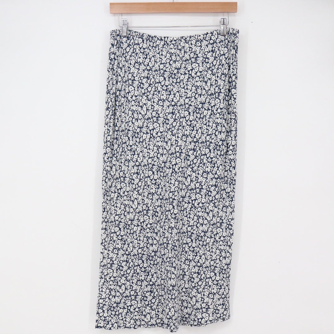 Old Navy Skirt Women M Midi Navy Blue Floral Elastic Waist Rayon Excellent