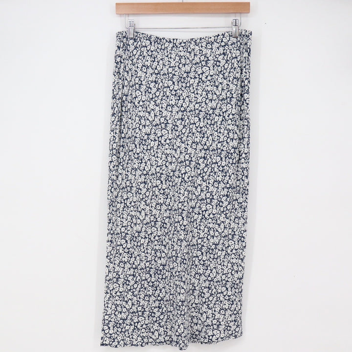 Old Navy Skirt Women M Midi Navy Blue Floral Elastic Waist Rayon Excellent