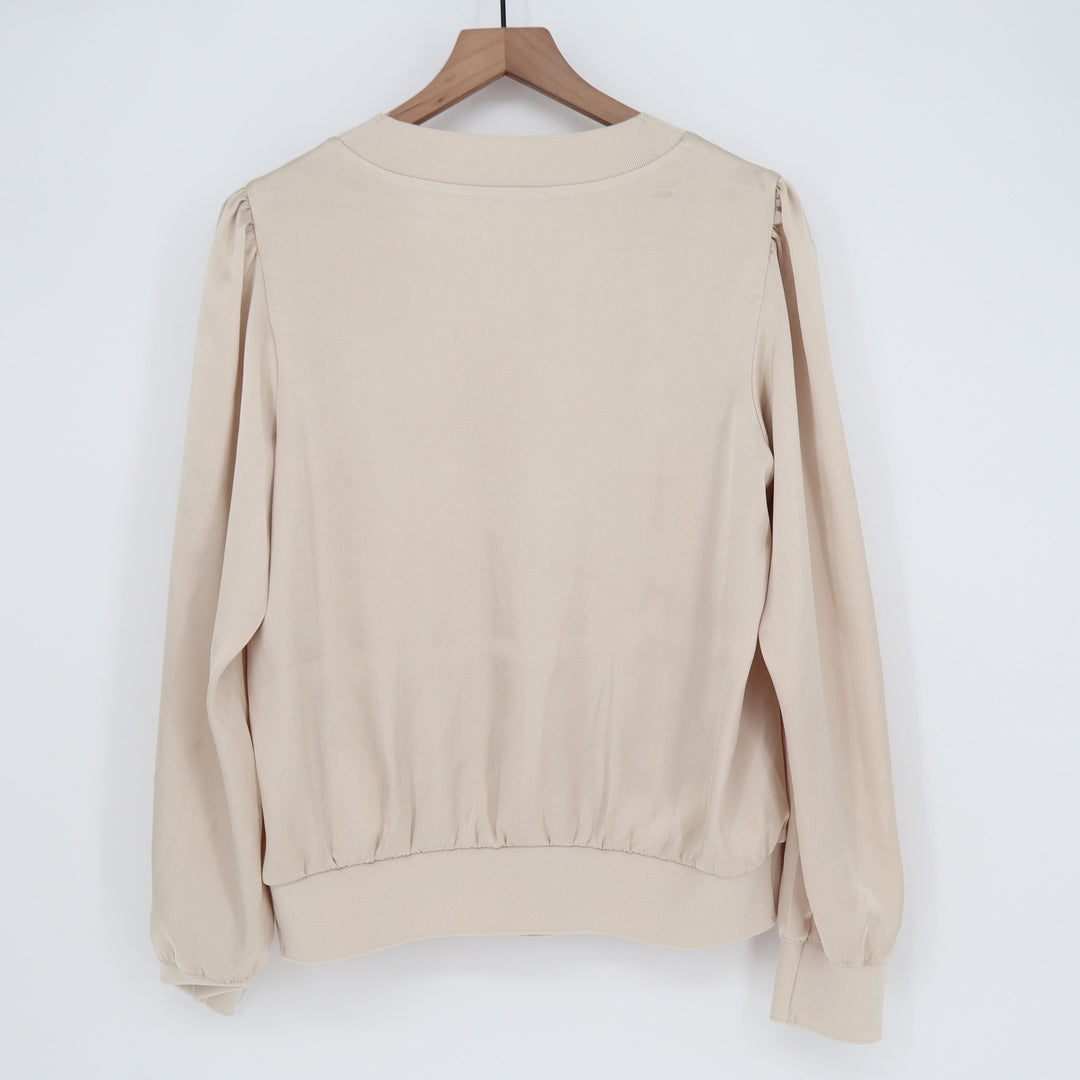 Express Womens Beige V-Neck Puff Shoulder Banded Hem Blouse Medium