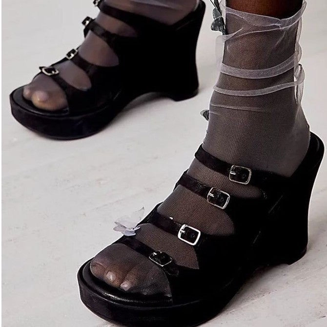 Free People Huffman Strappy Womens EU 37 Black Suede Buckle Slip On Wedge Sandal