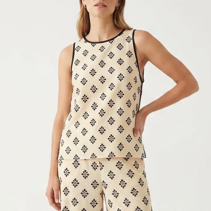 Fashion Clothing Womens Floral Sleeveless Button Back Top Cream Black