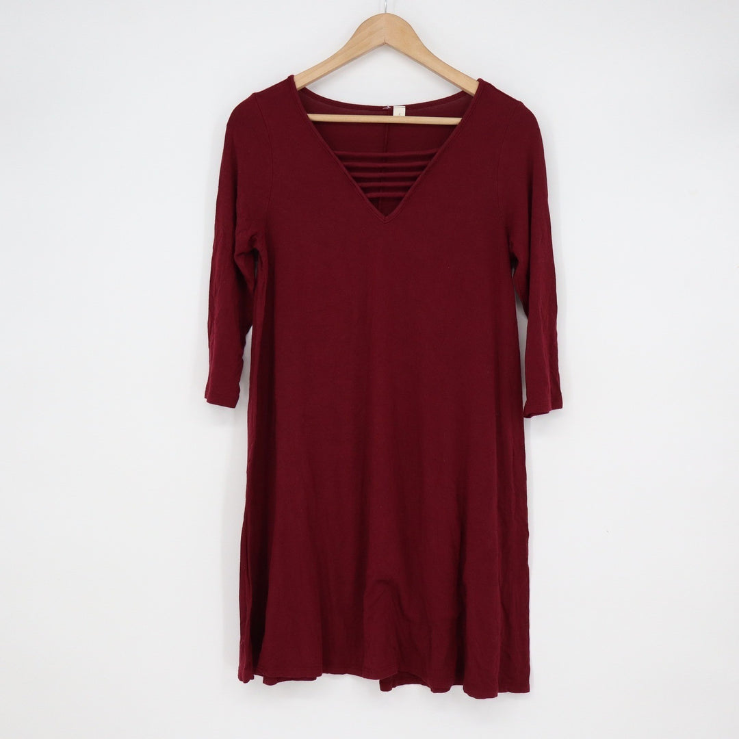 Burgundy V-Neck Strappy Cage Swing Dress 3/4 Sleeve Small Made in USA
