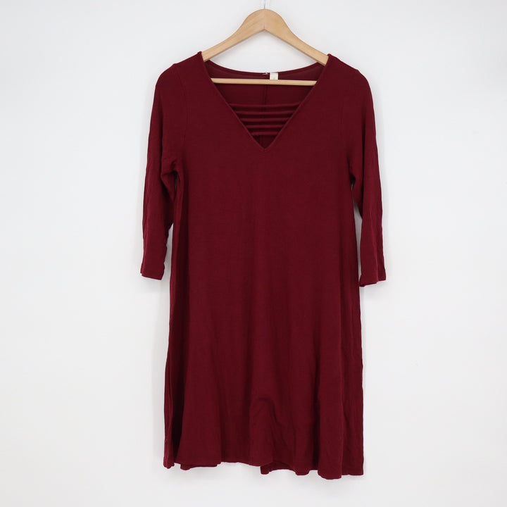 Burgundy V-Neck Strappy Cage Swing Dress 3/4 Sleeve Small Made in USA