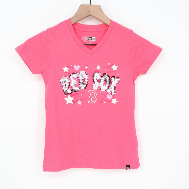 New Era Boston Red Sox Girls Pink Sequin Graphic V-Neck T-Shirt Size 6/6X NEW