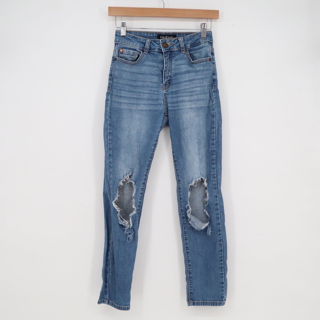 Enjean Denim Co Medium Wash Distressed Ripped Knee Skinny Jeans Size 1