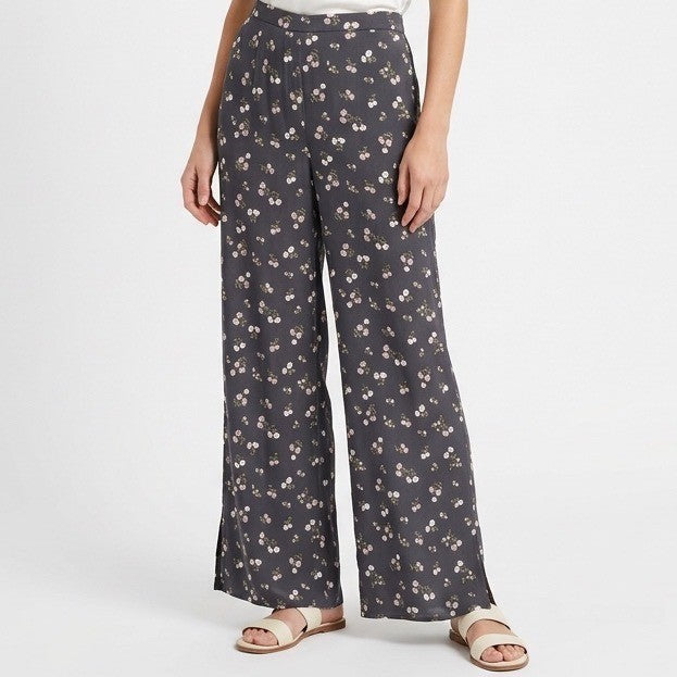 Women Pajama Pants XL Navy Blue Ditsy Floral Stretch Ribbed Lace Trim Ankle Slit
