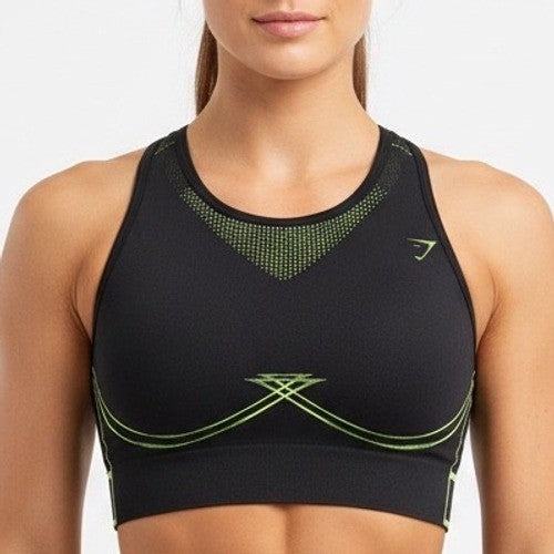 Gymshark Black Seamless Sports Bra Neon Yellow Accents Size L