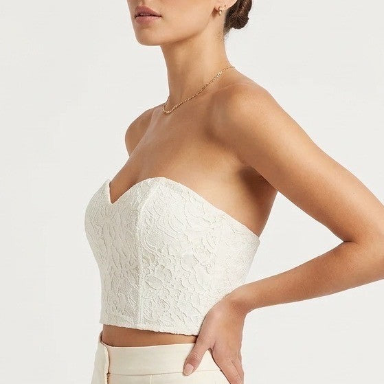 Naked Wardrobe White Floral Lace Sweetheart Bustier Crop Top Strapless Back Zip