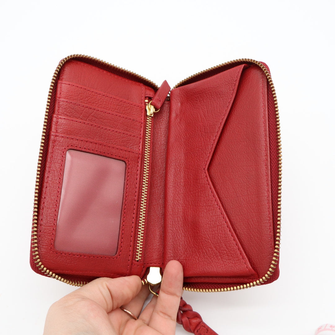 Fossil Women's Red Pebbled Leather Credit Card Slot Clutch Wristlet Wallet