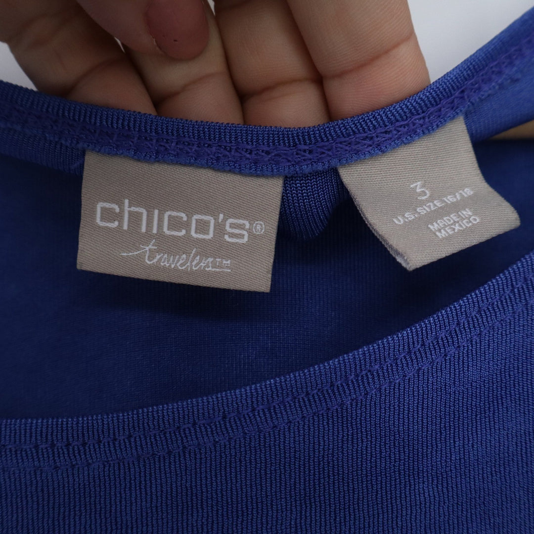 Chicos Travelers Blue 3/4 Sleeve Scoop Neck Button Cuff Top Size 3 XL 16/18