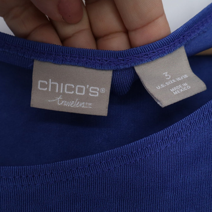 Chicos Travelers Blue 3/4 Sleeve Scoop Neck Button Cuff Top Size 3 XL 16/18