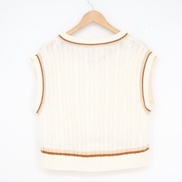 H&M Divided Cream Cable Knit Sweater Vest V-Neck Striped Trim Womens Size M
