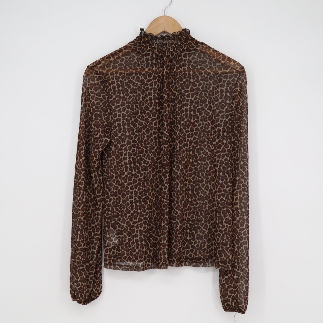 Wild Fable Brown Leopard Print Sheer Mesh Smocked Mock Neck Blouse Large L