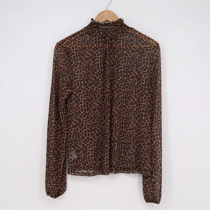 Wild Fable Brown Leopard Print Sheer Mesh Smocked Mock Neck Blouse Large L