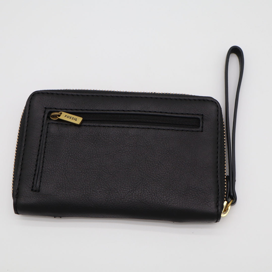 Fossil Jori RFID Womens Black Pebbled Leather Zip Around Wristlet Strap Clutch