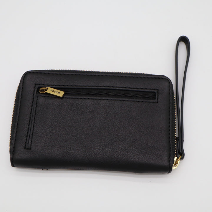 Fossil Jori RFID Womens Black Pebbled Leather Zip Around Wristlet Strap Clutch