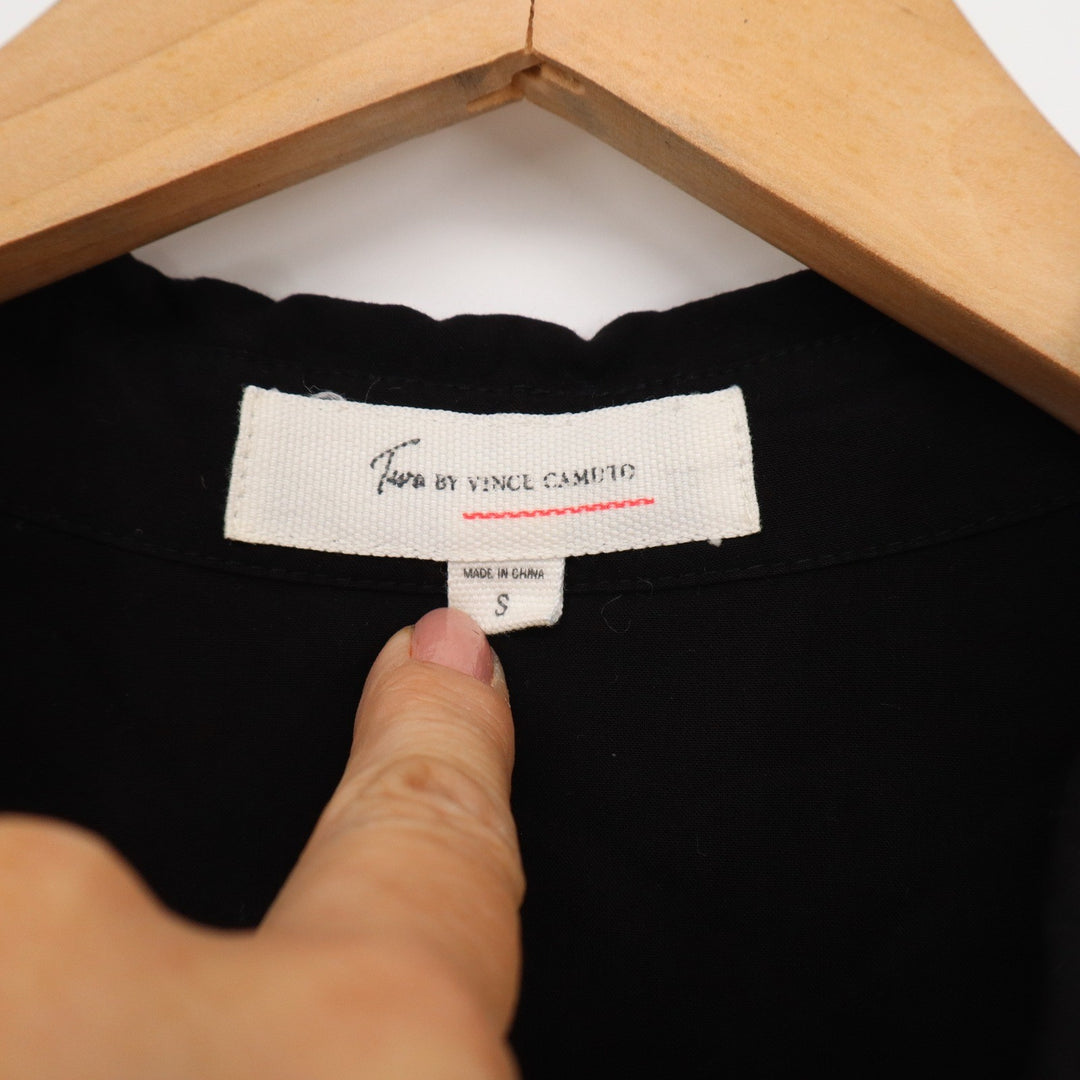 Two by Vince Camuto Womens Black Mixed Media Roll Tab Button Down Shirt Small