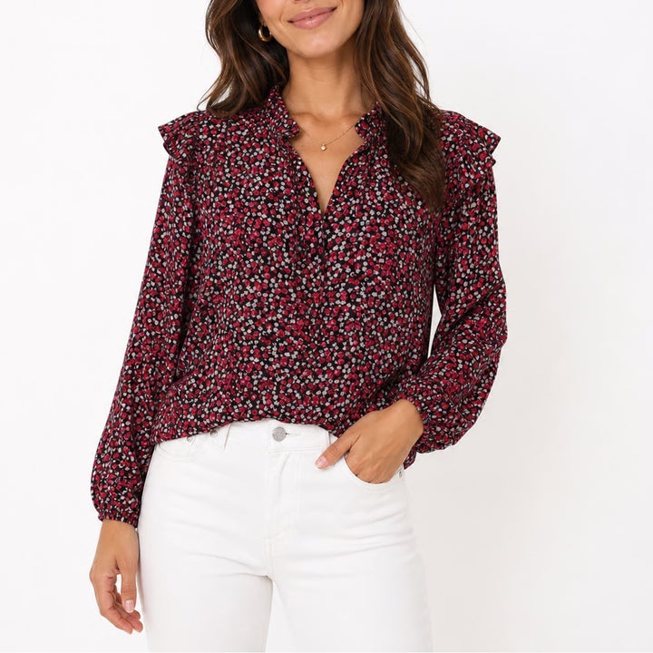 Jon & Anna Contemporary Red Floral Ruffle Shoulder Blouse Medium Long Sleeve